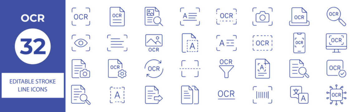 32 OCR Vector Outline Icons Set &ndash; Optical Character Recognition, Text Scanning, Document Recognition, Data Extraction and Digitization Line Symbols Collection