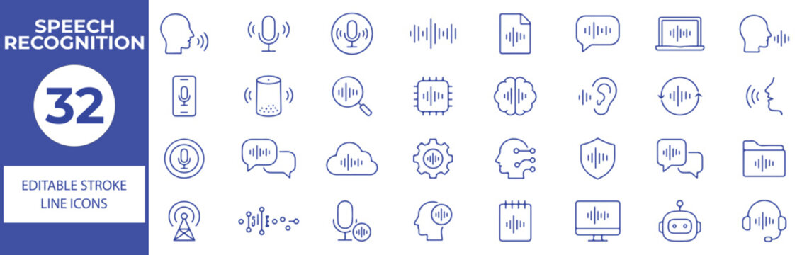 32 Speech Recognition Vector Outline Icons Set &ndash; Voice Recognition, Speech to Text, Audio Processing, Voice Assistant and AI Communication Line Symbols Collection