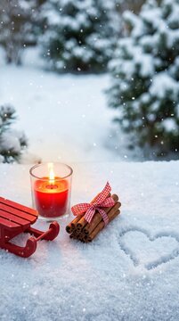 Schlitten und Kerze im Schnee