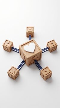 Love Technology Concept with heart Symbol on a Wooden Block. User Network Connections are Represented with Blue string. White background. 3D Render.