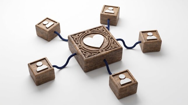 Love Technology Concept with heart Symbol on a Wooden Block. User Network Connections are Represented with Blue string. White background. 3D Render.