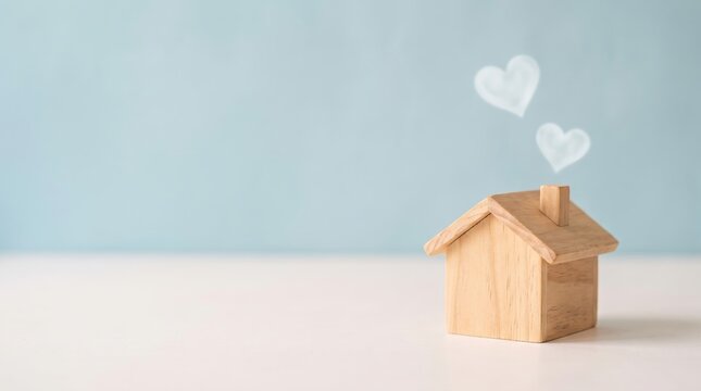 Home sweet home, house wood with heart shape on wooden and blue background, copy space.