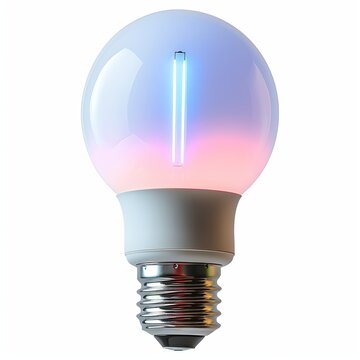 A smart LED light bulb with a white base emitting a spectrum of colorful light, including blue and pink hues, on a white background
