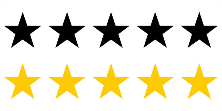 Set of five black and yellow rating stars isolated on white background with feedback