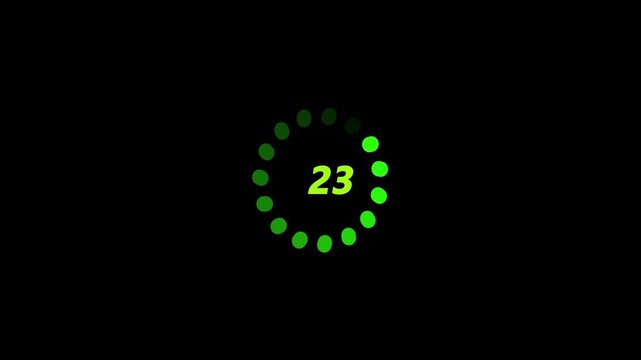 twenty second countdown timer animation, 45 to 0 seconds with small round shape rotation effect on dark background