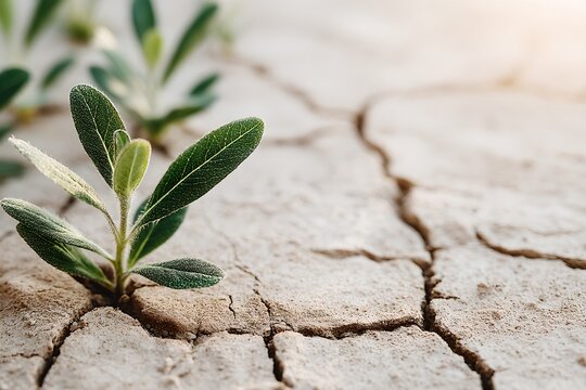 A small green plant sprouts from parched, cracked earth, symbolizing hope and resilience in arid conditions