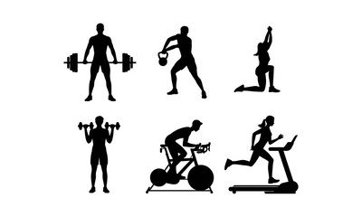 Obraz premium Black silhouettes of a group of people participating in a variety of fitness exercises like weightlifting running and stationary cycling