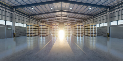 Obraz premium High resolution 3d industrial warehouse interior panorama featuring storage racks, concrete floor, sunlight, logistics facility, distribution center, modern infrastructure, supply chain environment.