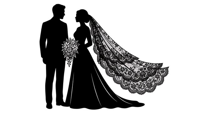 Newlywed couple in black wedding attire with lace train silhouette against white background