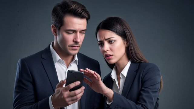 Business partners looking at smartphone with worried expressions. Professional colleagues reacting to negative news on mobile device. Panning and tilting camera movement.