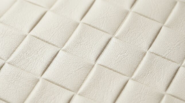 Detailed macro view of off white artificial leather material featuring a modern embossed check pattern for stylish upholstery and luxury product manufacturing texture background leather synthetic