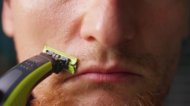 Man Trims Facial Hair Above His Upper Lip With an Electric Razor in an Extreme Close Up, Showing Personal Grooming and Self Care