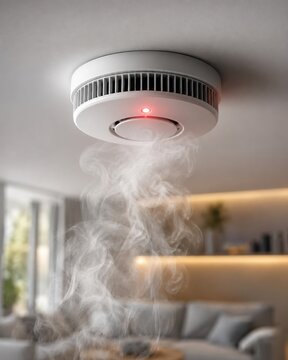 Close-up of a ceiling smoke detector with a flashing red light, detecting thick smoke in a modern living room. Home fire safety alarm system.