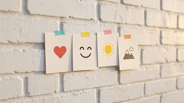 Positive Emotion Icons with Heart Smile Sun and Mountain Symbols Taped on White Brick Wall