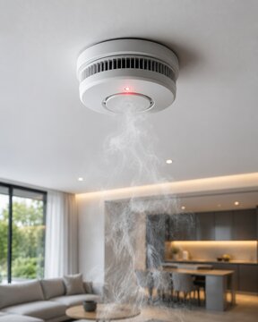 Ceiling smoke alarm detector triggered by thick smoke in a modern open-plan kitchen and living room. Domestic fire safety and prevention concept.