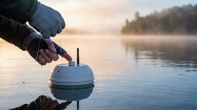 Water quality monitoring device deployment on tranquil lake at sunrise, environmental research data collection.
