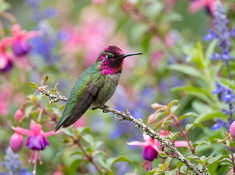 A beautiful Anna's hummingbird perched on a branch in a vibrant garden.