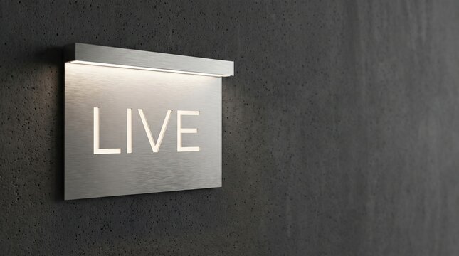 Modern "LIVE" sign glowing on dark concrete wall, ideal for broadcast and online streaming concepts.