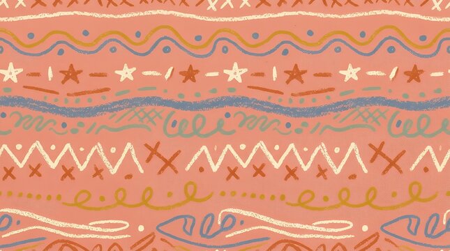 Continuous playful design showcasing hand sketched linear bands on a warm salmon pink canvas with rustic wax pencil textures for kids textiles seamless pattern stripe horizontal coral orange
