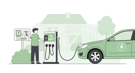 Obraz premium Man charging electric car at home charging station, eco-friendly transport