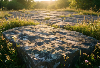 Fototapeta premium Natural stone path and rock formation in a sunny field, outdoor landscape with green grass and wildflowers at sunset