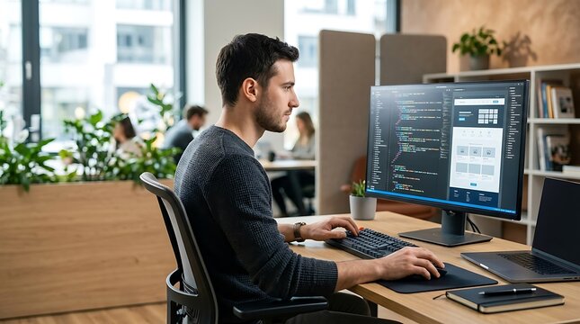 Young male web developer coding on dual monitors in modern home office workspace