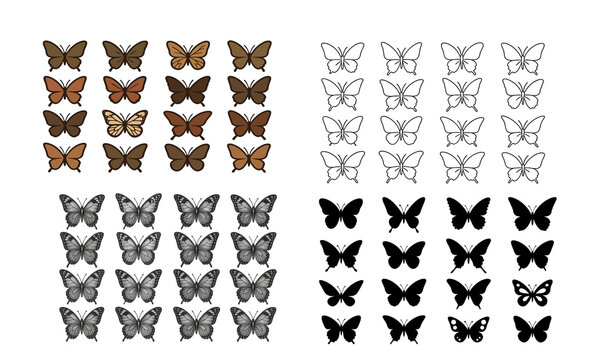 Set of butterflies, ink silhouettes. Glowworms, fireflies and butterflies icons isolated on white background. Hand drawn elements, Vector illustration.