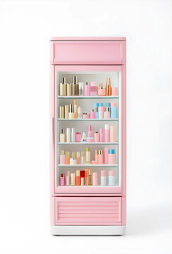 Beauty product display in a pink mini fridge skincare and cosmetic storage luxury beauty trends isolated on white background