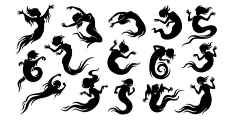 Obraz premium Collection of elegant black silhouette mermaid designs in various dynamic and flowing poses against a white background