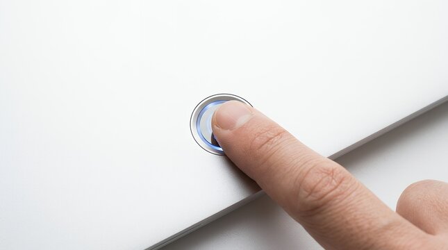 Close-up of a human finger pressing a circular glowing blue power button on a silver electronic device