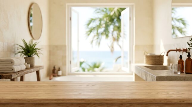 Empty Wooden Tabletop for Product Display with Blurred Tropical Bathroom Interior and Ocean View for Summer Mockup.