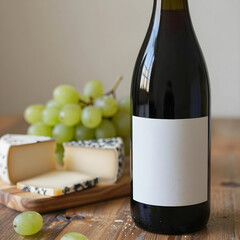 Naklejka premium Wine and cheese pairing gourmet food and drink red wine bottle with blank label grapes and cheese on wooden board