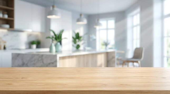 Empty wooden tabletop in modern bright kitchen interior with bokeh background for product presentation and home design.