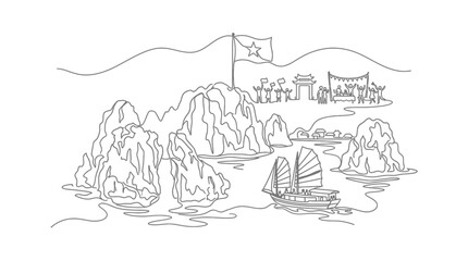 Fototapeta premium Continuous line drawing of scenic tropical bay with limestone islands and traditional boat