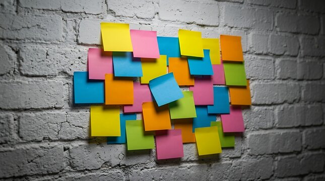 Cluster of Colorful Multi-Colored Sticky Notes Arranged on a White Textured Brick Wall in the Office