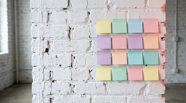 Colorful Blank Sticky Notes Arranged in a Grid Pattern on a White Painted Brick Wall in an Office