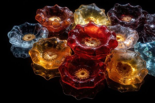 Close-up of colorful, flower-shaped glass objects with reflective surfaces against a black backdrop