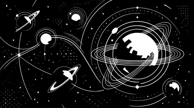 Abstract cosmic space outer space illustration with planets orbit lines stars and crescent moon