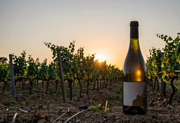Naklejka premium Wine production and viticulture, white wine bottle with blank label in a vineyard at sunset, agriculture and harvest
