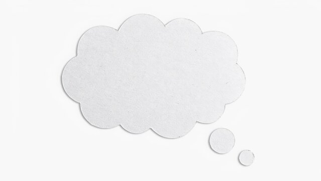 Blank white thought bubble speech cloud cutout against white background with background communication thinking