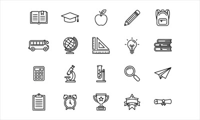 Fototapeta premium Set of 20 line icons related to back to school, education, learning, school. Vector illustration