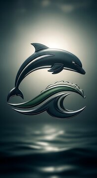 Metallic dolphin jumping over a stylized ocean wave with glossy finish