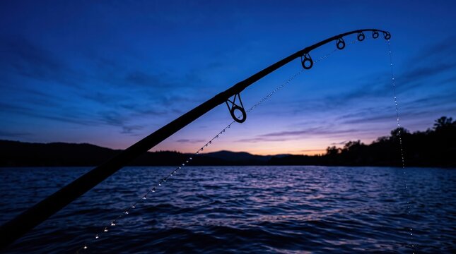 Fishing rod silhouette against a beautiful sunset over a calm lake for wallpaper.