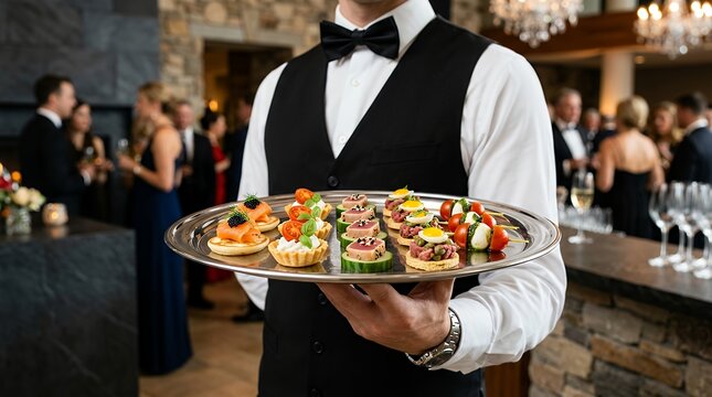 Professional Waiter Serving Gourmet Appetizers and Hors d'oeuvres at Luxury Gala Event Reception
