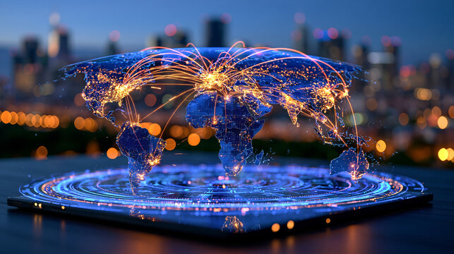 Digital map of all major world regions rendered as interconnected luminous panels, Africa, Europe, Asia, the Middle East, North America, Latin America and Australia linked by radiant neon paths, mas