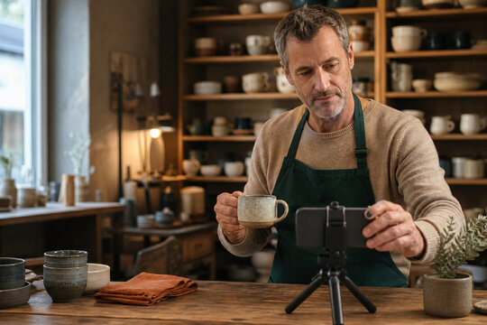 Home goods maker presenting a ceramic mug during a live stream