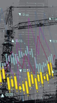 Animation of construction site, financial data processing and statistics