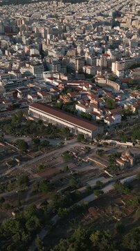 Vertical Aerial View of Stoa of Attalos and Ancient Agora in Athens Greece