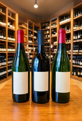 Naklejka premium Wine tasting and selection, three bottles of red and white wine with blank labels in a liquor store or cellar