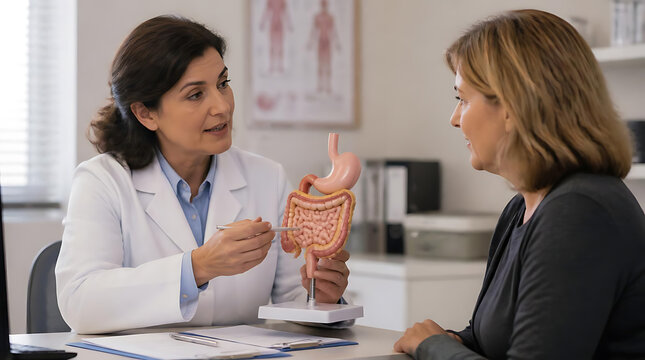 medical consultation with a healthcare professional explaining digestive system model to patient in clinical setting